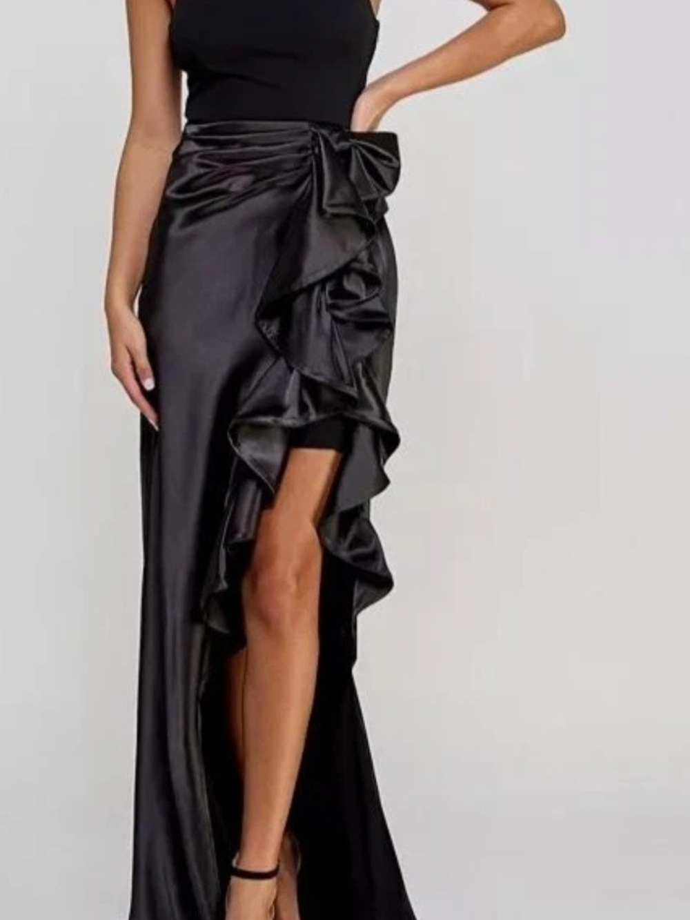 Adam Black Satin High-Low Ruffle Skirt - Picture 3 of 5